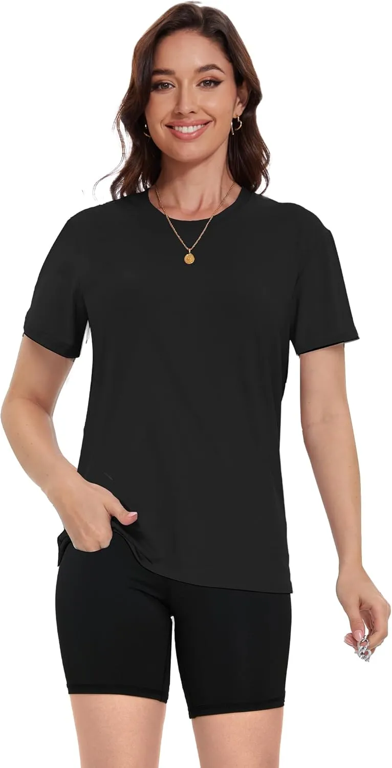 1/4 Pack Women Basic Short Sleeve T Shirts Tees, Loose Fit Crew Neck Tshirts Shirts Summer Tops for Casual Workout Gym