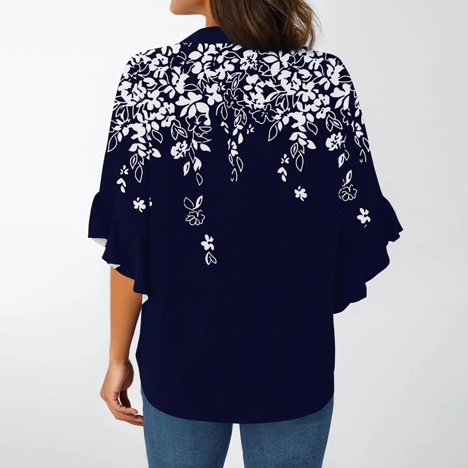 3/4 Length Sleeve Summer Workout Tops For Women, Womens V Neck Button-Down Shirts Ruffle Clothes Blouses