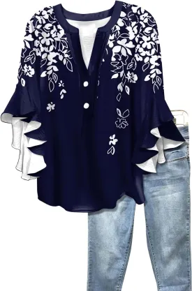3/4 Length Sleeve Summer Workout Tops For Women, Womens V Neck Button-Down Shirts Ruffle Clothes Blouses
