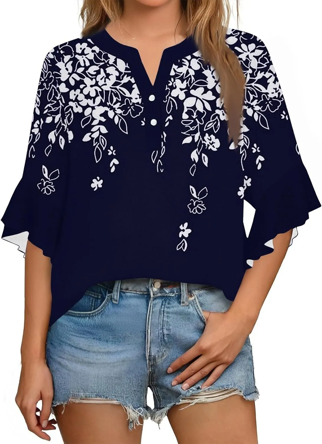 3/4 Length Sleeve Summer Workout Tops For Women, Womens V Neck Button-Down Shirts Ruffle Clothes Blouses