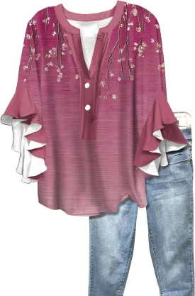 3/4 Length Sleeve Summer Workout Tops For Women, Womens V Neck Button-Down Shirts Ruffle Clothes Blouses