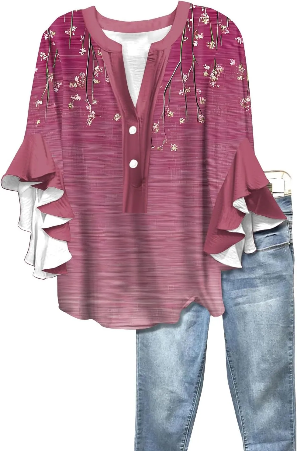 3/4 Length Sleeve Summer Workout Tops For Women, Womens V Neck Button-Down Shirts Ruffle Clothes Blouses