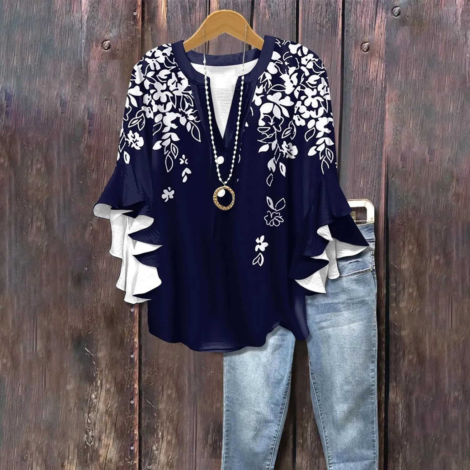 3/4 Length Sleeve Summer Workout Tops For Women, Womens V Neck Button-Down Shirts Ruffle Clothes Blouses