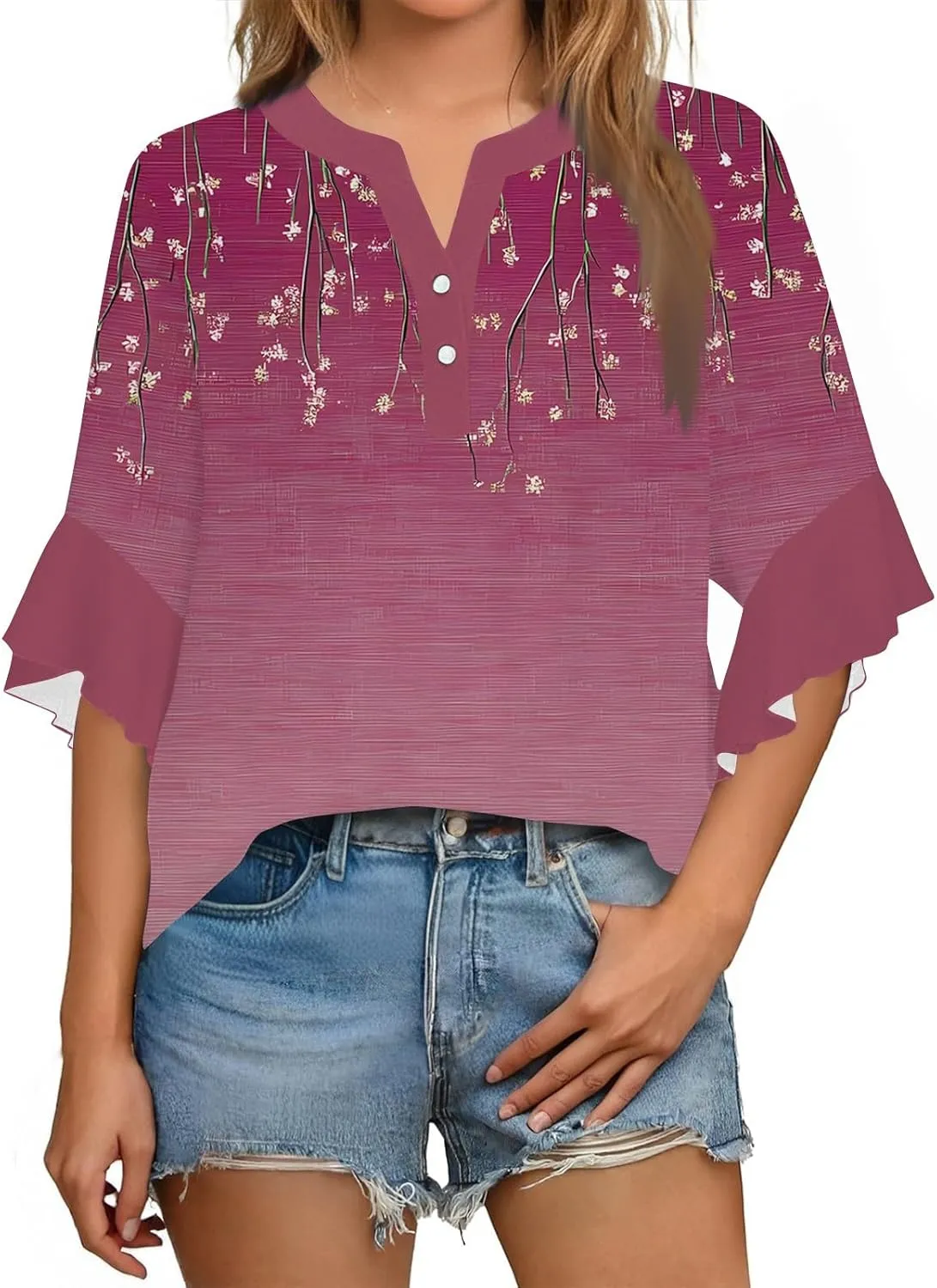 3/4 Length Sleeve Summer Workout Tops For Women, Womens V Neck Button-Down Shirts Ruffle Clothes Blouses