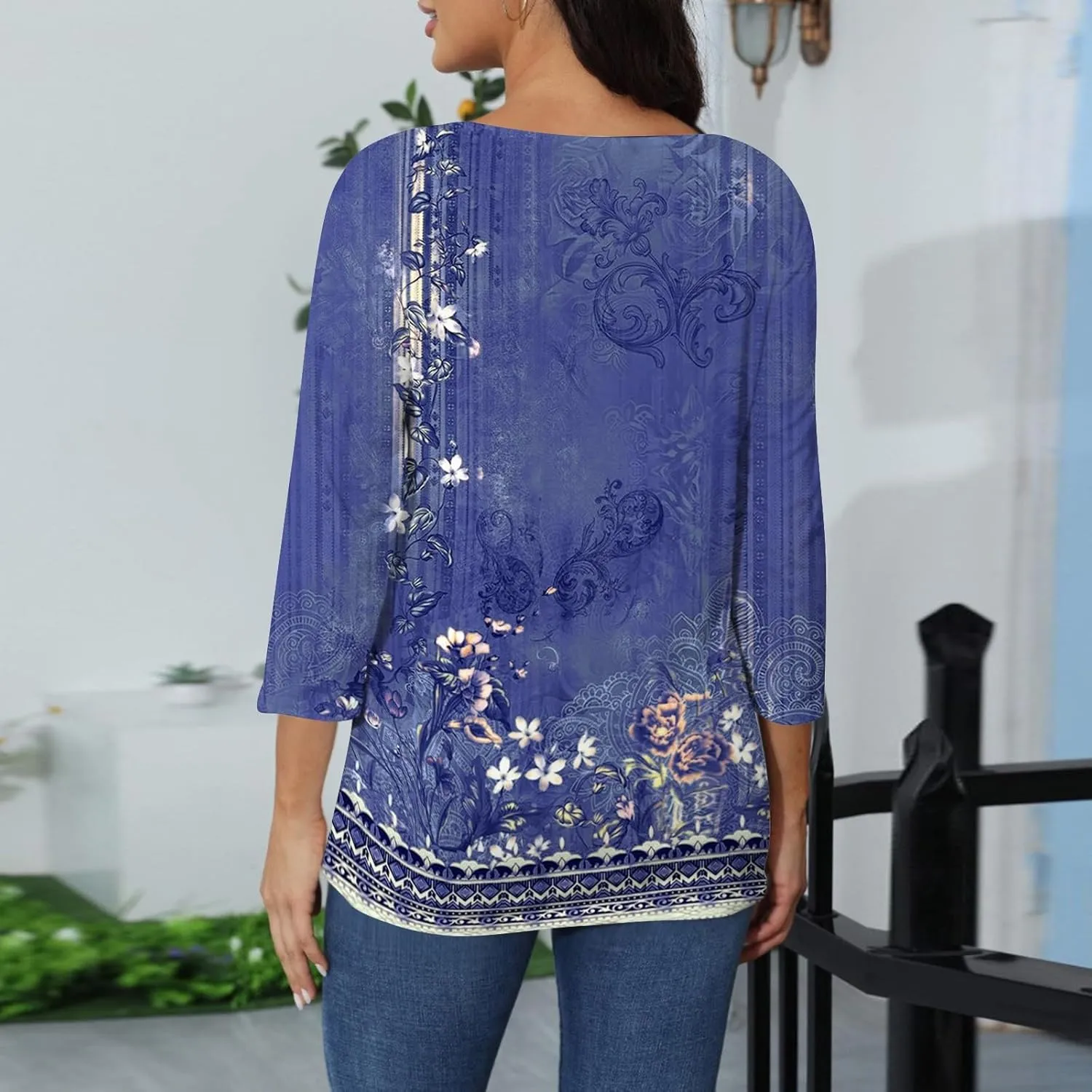 3/4 Length Sleeve Womens Summer Tops 2025 Button Crew Neck Blouses Dressy Casual Loose Fit Floral/Patriotic Shirts