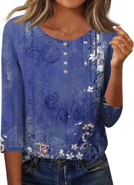 3/4 Length Sleeve Womens Summer Tops 2025 Button Crew Neck Blouses Dressy Casual Loose Fit Floral/Patriotic Shirts