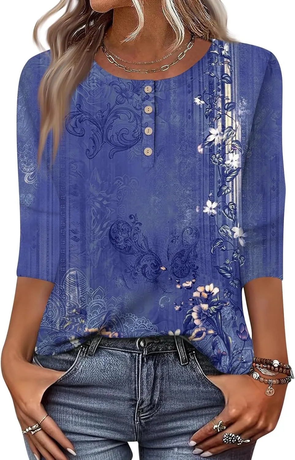 3/4 Length Sleeve Womens Summer Tops 2025 Button Crew Neck Blouses Dressy Casual Loose Fit Floral/Patriotic Shirts
