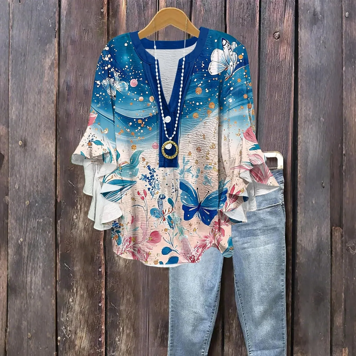 3/4 Length Sleeves Womens Tops - Floral Shirts Flowy Ruffle Sleeve Tops Half Button Down Shirt Summer V Neck Blouse