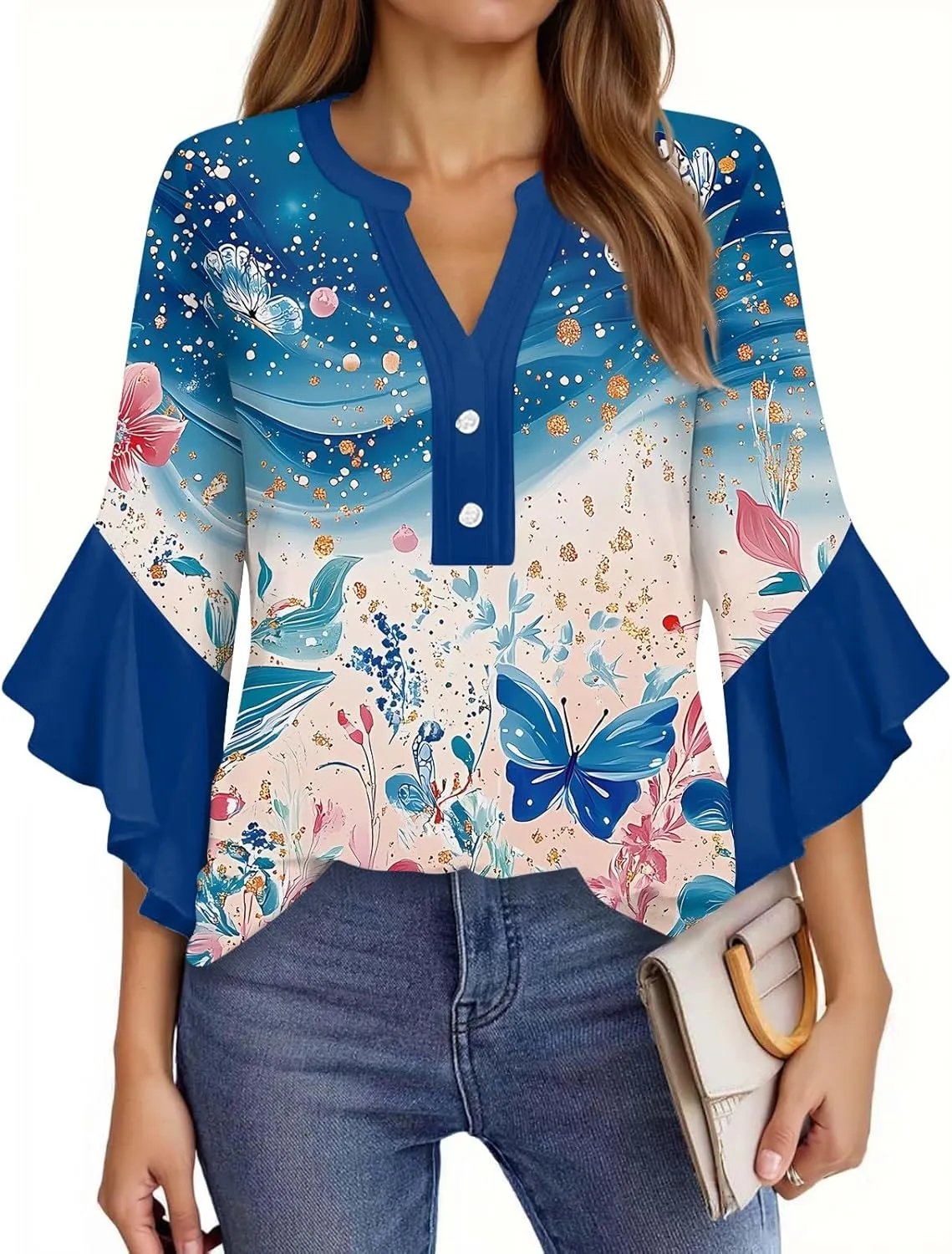 3/4 Length Sleeves Womens Tops - Floral Shirts Flowy Ruffle Sleeve Tops Half Button Down Shirt Summer V Neck Blouse