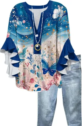 3/4 Length Sleeves Womens Tops - Floral Shirts Flowy Ruffle Sleeve Tops Half Button Down Shirt Summer V Neck Blouse