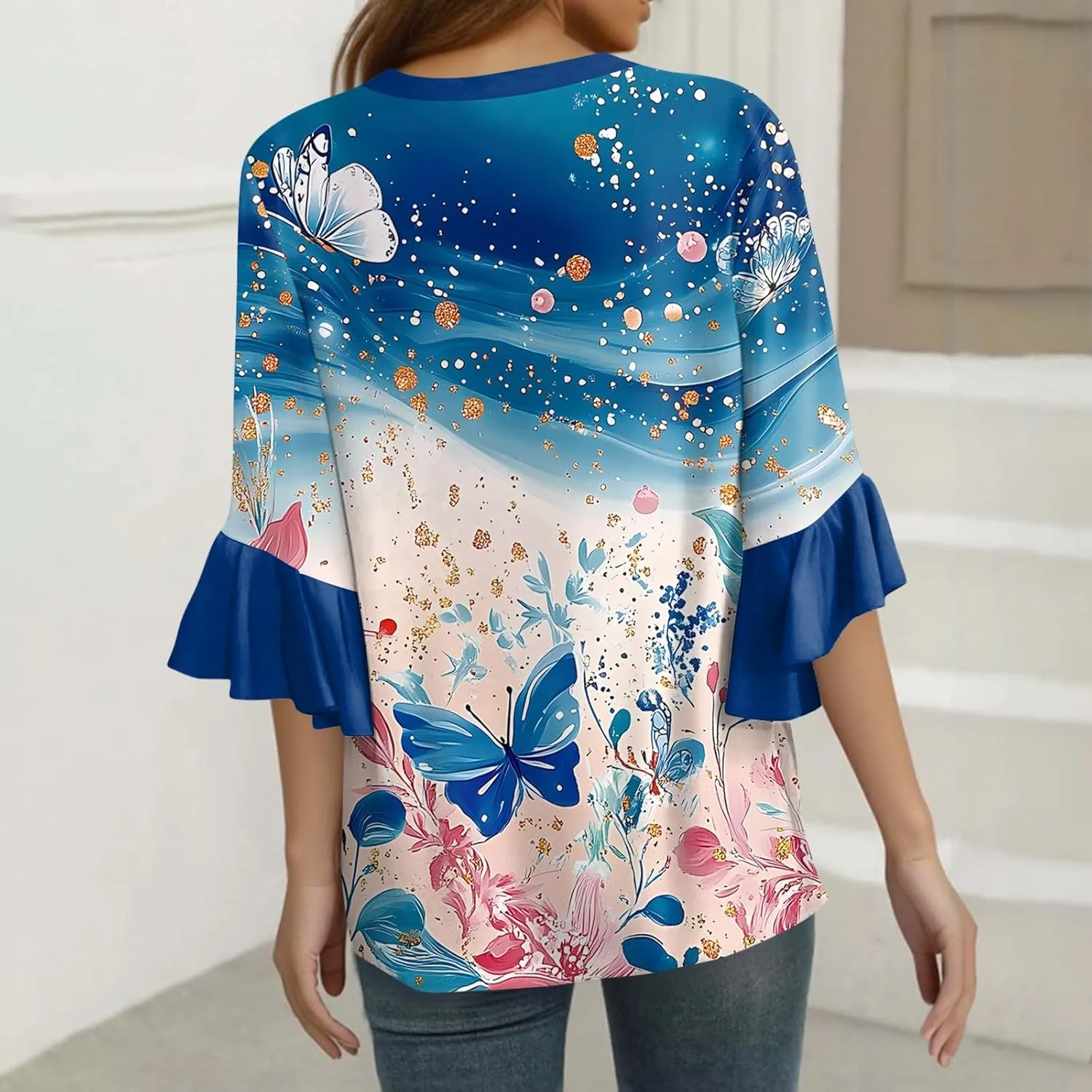 3/4 Length Sleeves Womens Tops - Floral Shirts Flowy Ruffle Sleeve Tops Half Button Down Shirt Summer V Neck Blouse