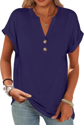 ANRABESS Womens Short Sleeve Henley Tops V Neck Dressy Casual Loose Fit Shirts Summer Flowy Blouses 2025 Trendy Clothes