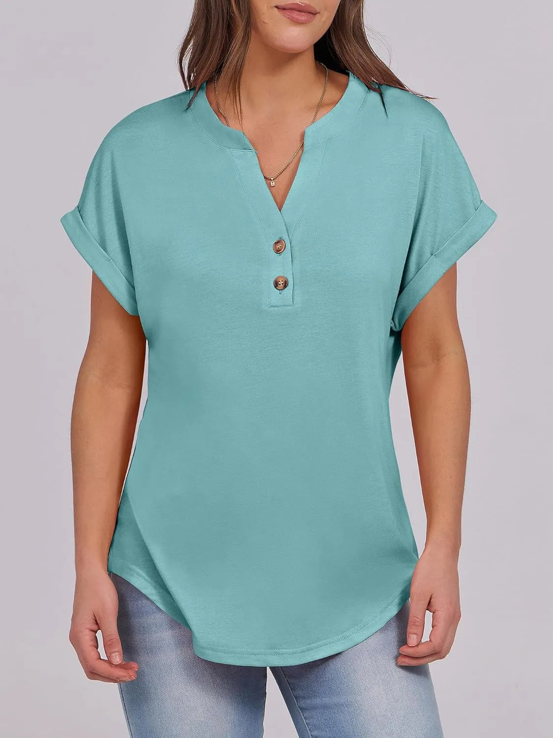 ANRABESS Womens Short Sleeve Henley Tops V Neck Dressy Casual Loose Fit Shirts Summer Flowy Blouses 2025 Trendy Clothes