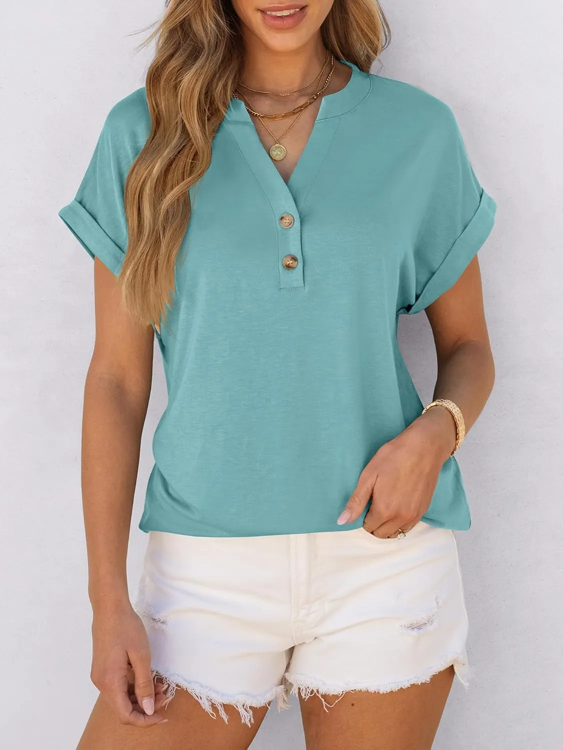 ANRABESS Womens Short Sleeve Henley Tops V Neck Dressy Casual Loose Fit Shirts Summer Flowy Blouses 2025 Trendy Clothes