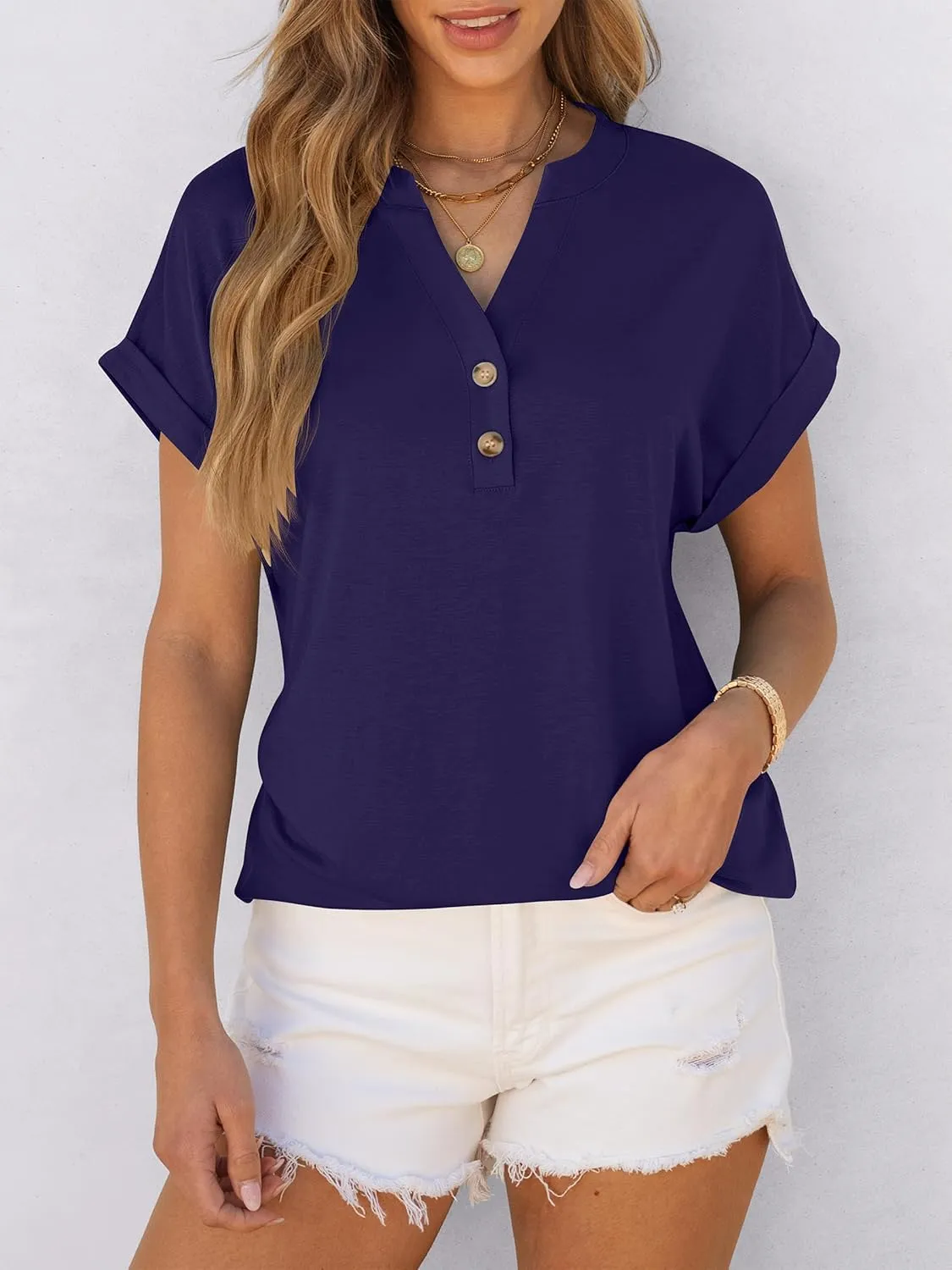 ANRABESS Womens Short Sleeve Henley Tops V Neck Dressy Casual Loose Fit Shirts Summer Flowy Blouses 2025 Trendy Clothes