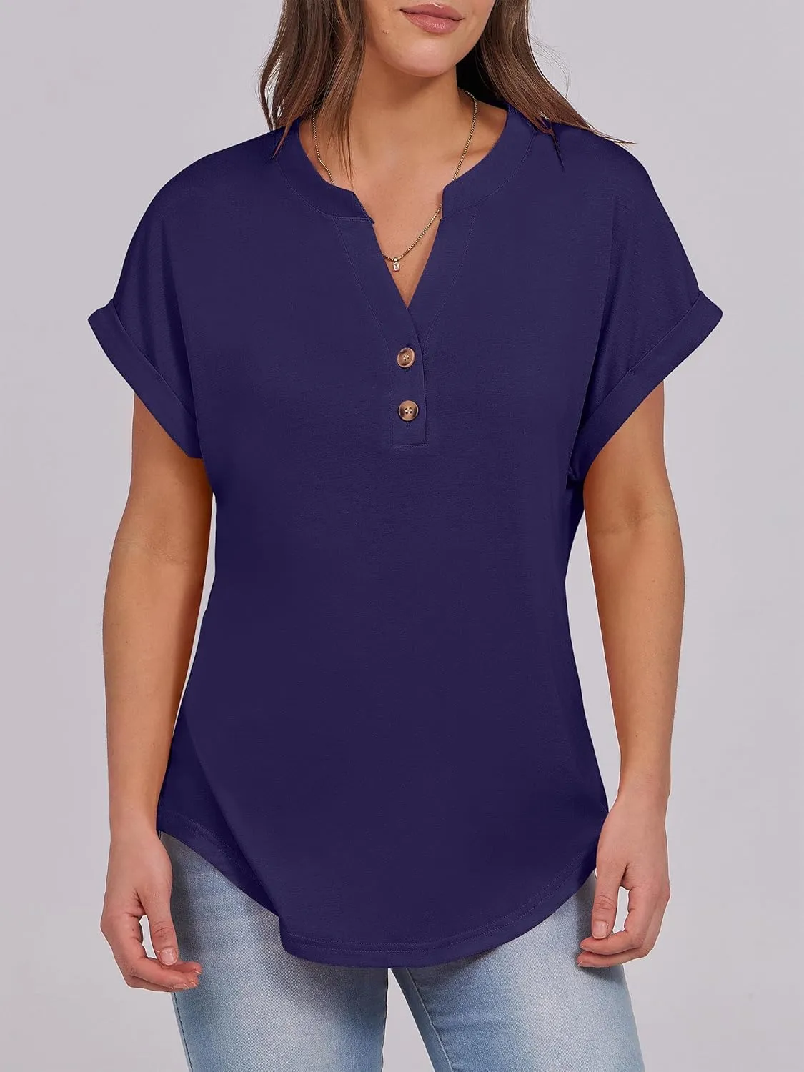 ANRABESS Womens Short Sleeve Henley Tops V Neck Dressy Casual Loose Fit Shirts Summer Flowy Blouses 2025 Trendy Clothes