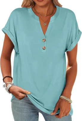 ANRABESS Womens Short Sleeve Henley Tops V Neck Dressy Casual Loose Fit Shirts Summer Flowy Blouses 2025 Trendy Clothes