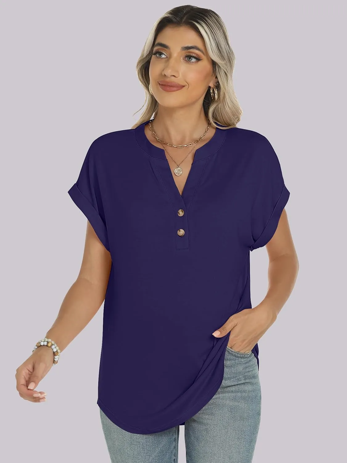 ANRABESS Womens Short Sleeve Henley Tops V Neck Dressy Casual Loose Fit Shirts Summer Flowy Blouses 2025 Trendy Clothes