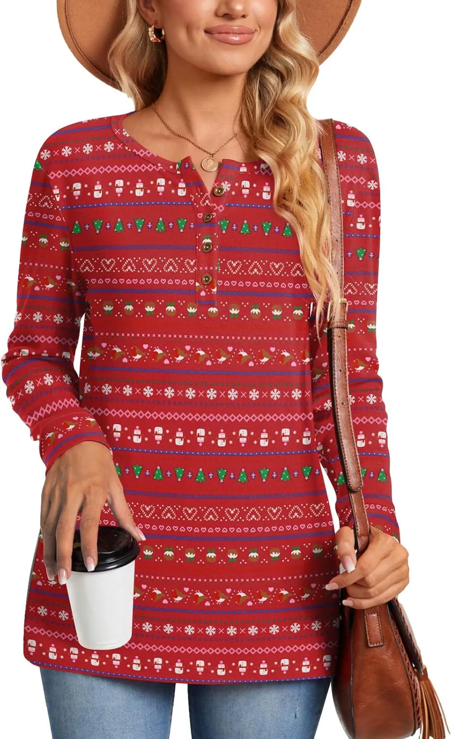 Aodemo Women's Henley Tops Fall Long Sleeve Button Up Tunic Casual Loose Winter Sweatshirt