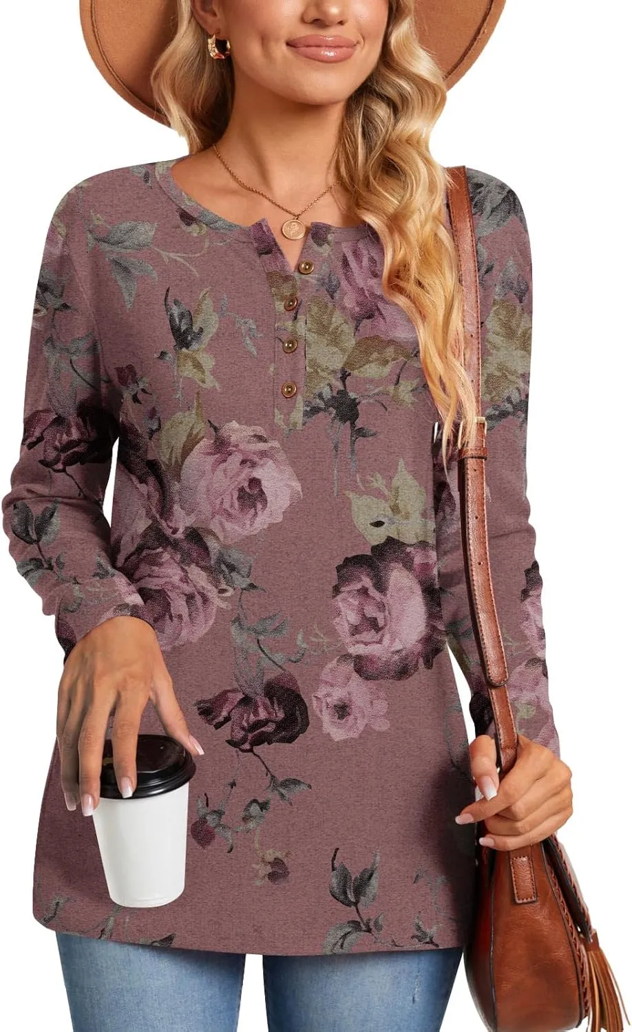 Aodemo Women's Henley Tops Fall Long Sleeve Button Up Tunic Casual Loose Winter Sweatshirt