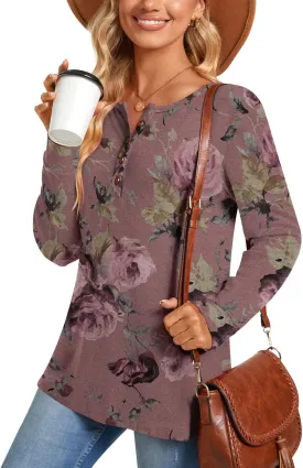 Aodemo Women's Henley Tops Fall Long Sleeve Button Up Tunic Casual Loose Winter Sweatshirt