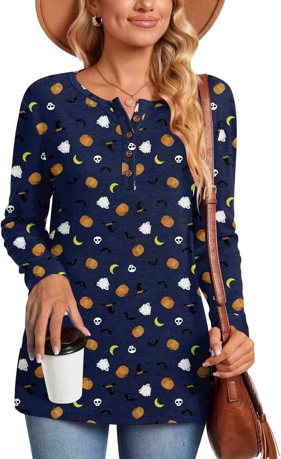 Aodemo Women's Henley Tops Fall Long Sleeve Button Up Tunic Casual Loose Winter Sweatshirt