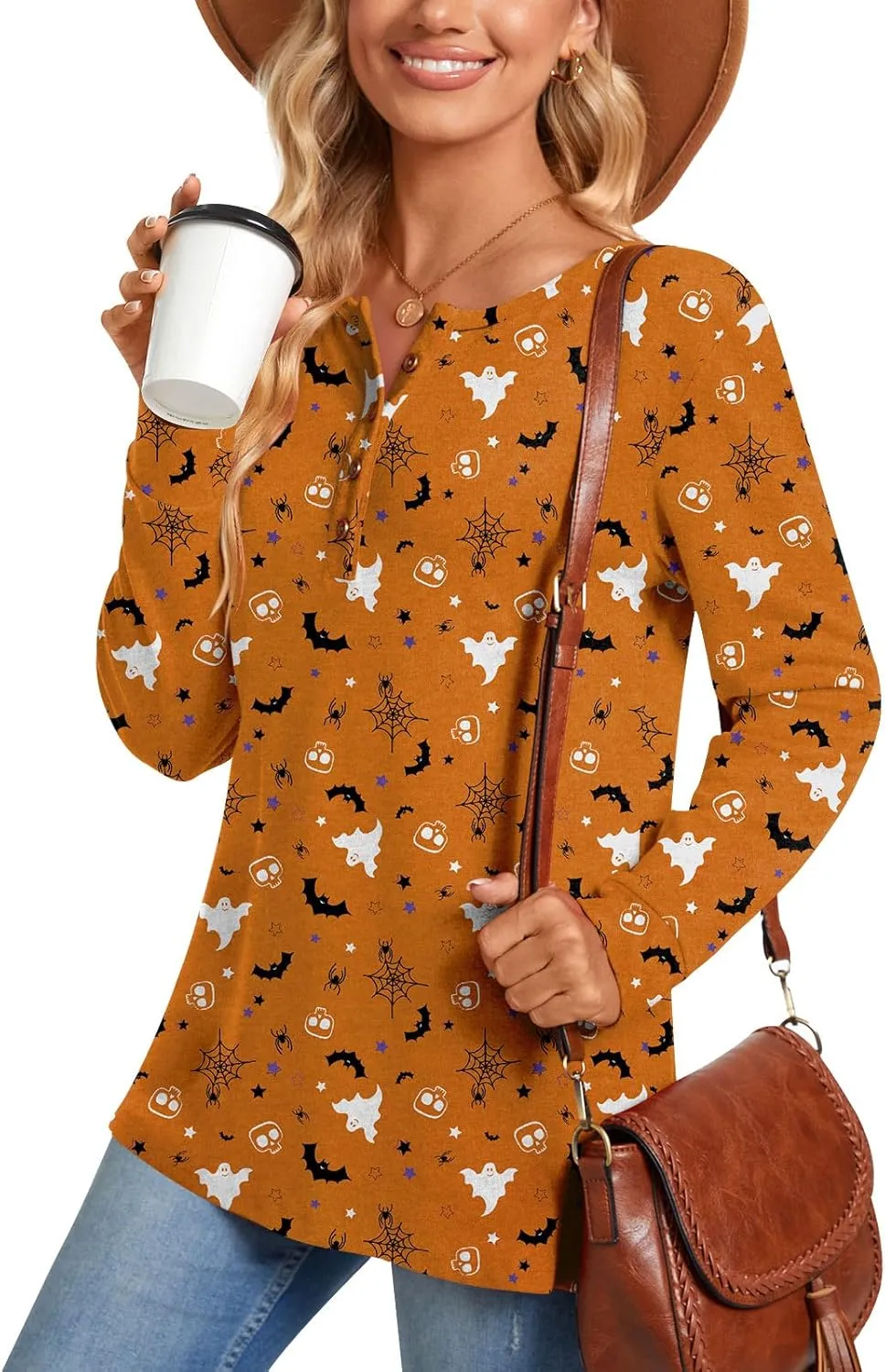 Aodemo Women's Henley Tops Fall Long Sleeve Button Up Tunic Casual Loose Winter Sweatshirt