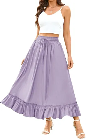 Arolina Womens Summer Boho Flowy Tiered Maxi Skirt 2025 Fashion Elastic Waist Pleated Long Beach Dress with Pockets