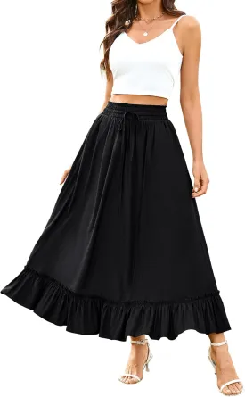 Arolina Womens Summer Boho Flowy Tiered Maxi Skirt 2025 Fashion Elastic Waist Pleated Long Beach Dress with Pockets