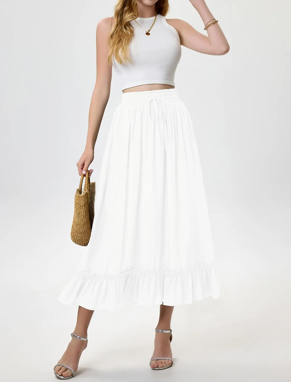 Arolina Womens Summer Boho Flowy Tiered Maxi Skirt 2025 Fashion Elastic Waist Pleated Long Beach Dress with Pockets