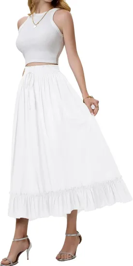 Arolina Womens Summer Boho Flowy Tiered Maxi Skirt 2025 Fashion Elastic Waist Pleated Long Beach Dress with Pockets