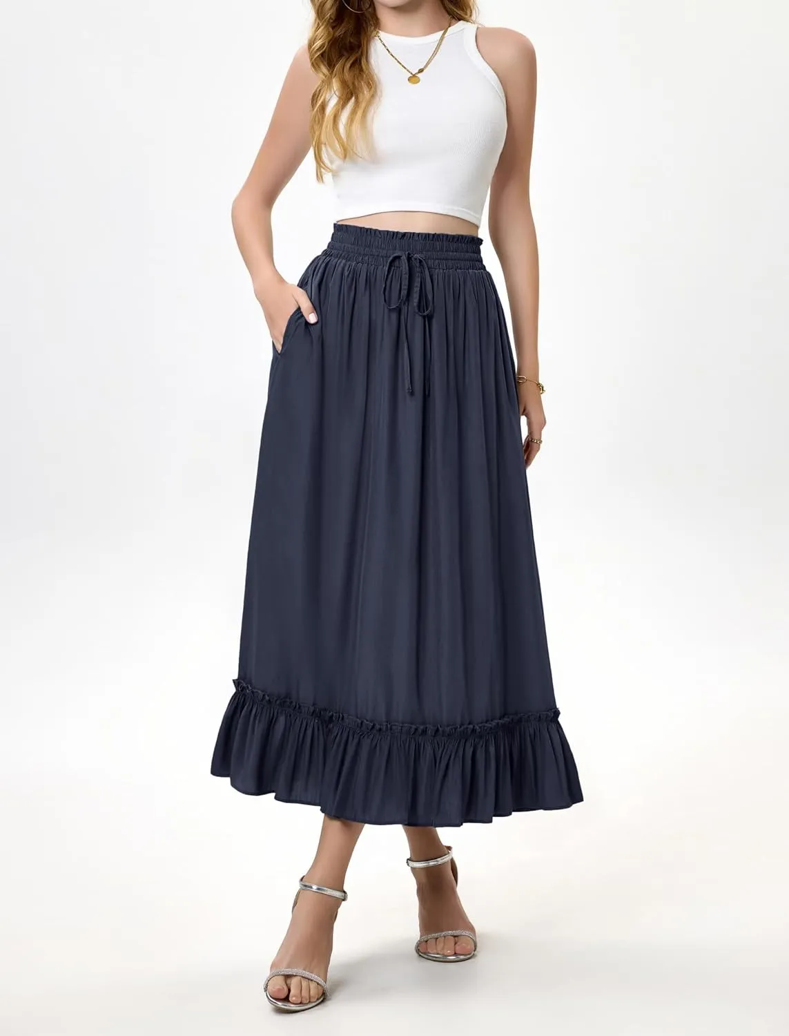 Arolina Womens Summer Boho Flowy Tiered Maxi Skirt 2025 Fashion Elastic Waist Pleated Long Beach Dress with Pockets