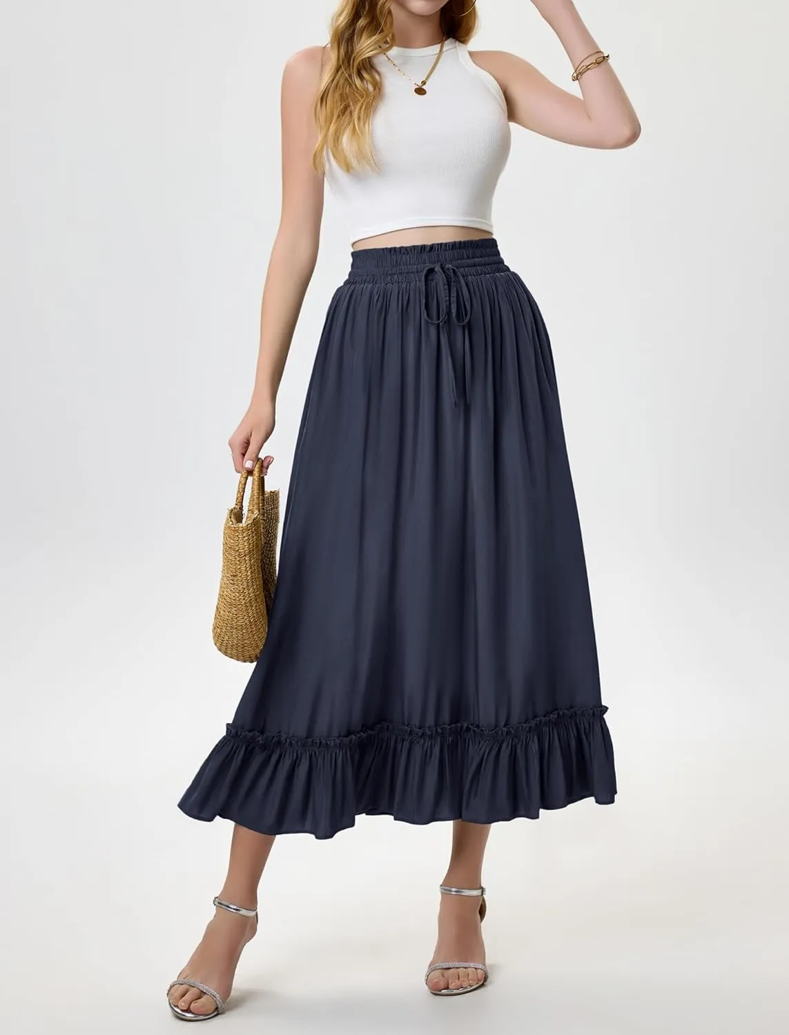 Arolina Womens Summer Boho Flowy Tiered Maxi Skirt 2025 Fashion Elastic Waist Pleated Long Beach Dress with Pockets