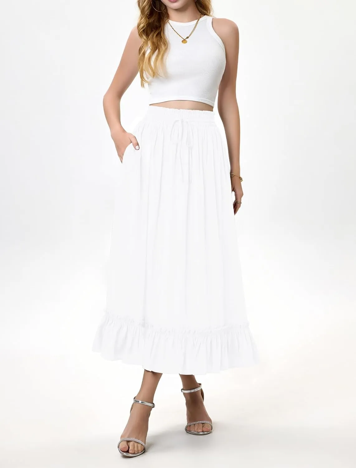 Arolina Womens Summer Boho Flowy Tiered Maxi Skirt 2025 Fashion Elastic Waist Pleated Long Beach Dress with Pockets