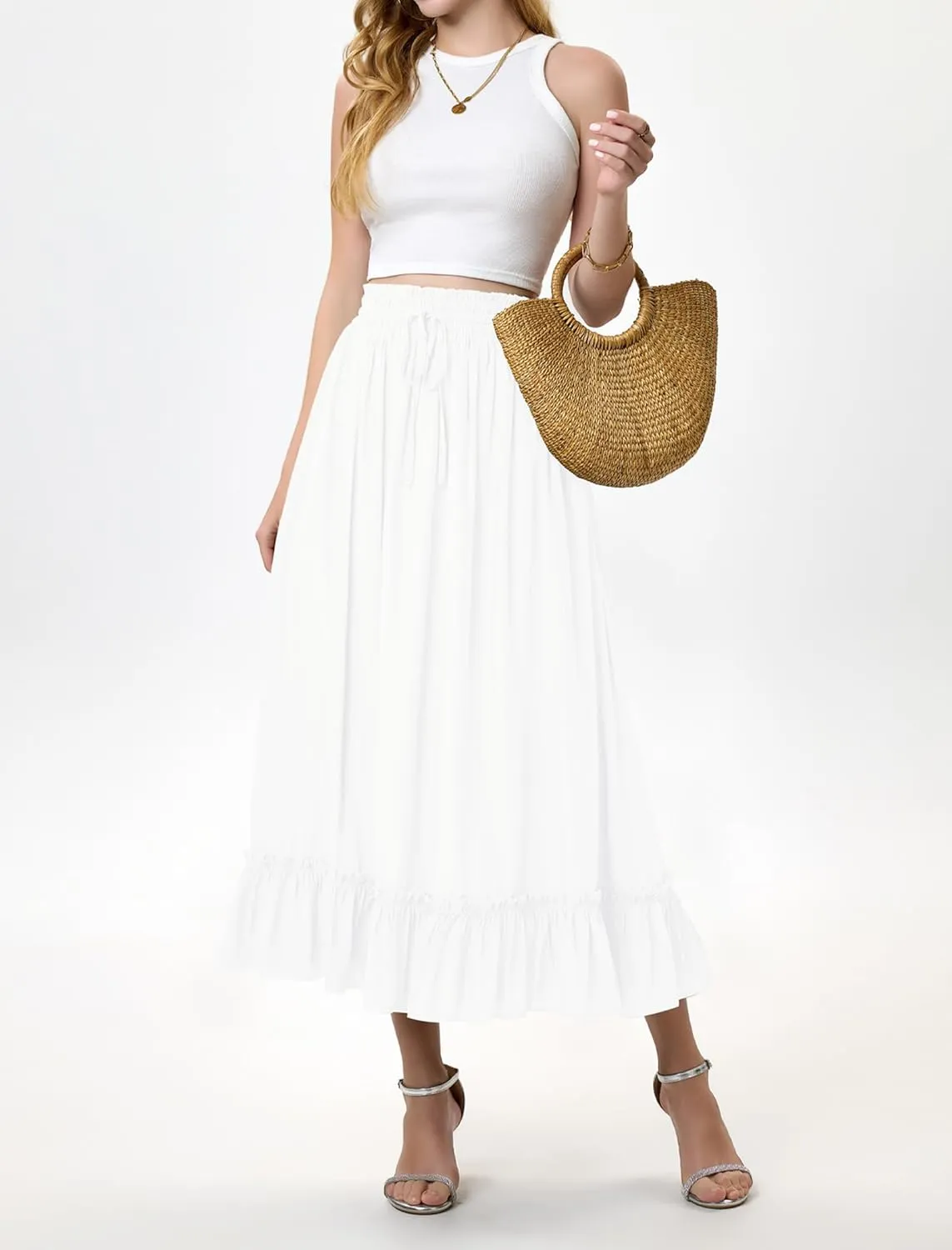 Arolina Womens Summer Boho Flowy Tiered Maxi Skirt 2025 Fashion Elastic Waist Pleated Long Beach Dress with Pockets