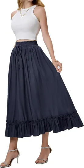 Arolina Womens Summer Boho Flowy Tiered Maxi Skirt 2025 Fashion Elastic Waist Pleated Long Beach Dress with Pockets