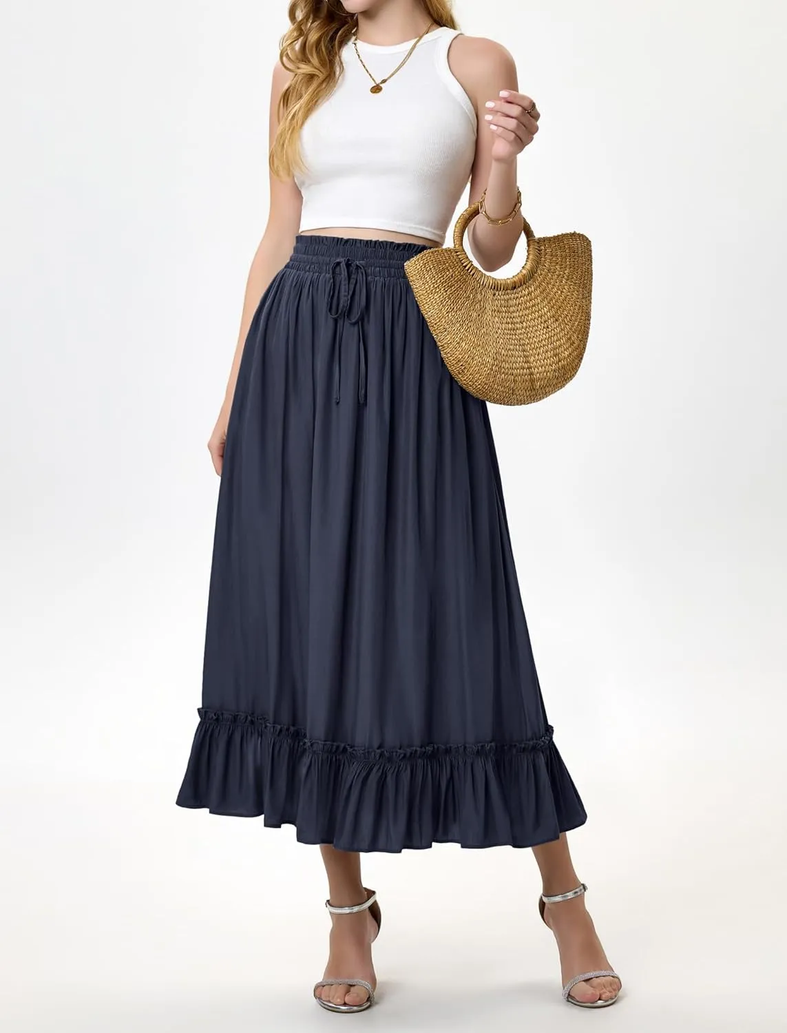 Arolina Womens Summer Boho Flowy Tiered Maxi Skirt 2025 Fashion Elastic Waist Pleated Long Beach Dress with Pockets
