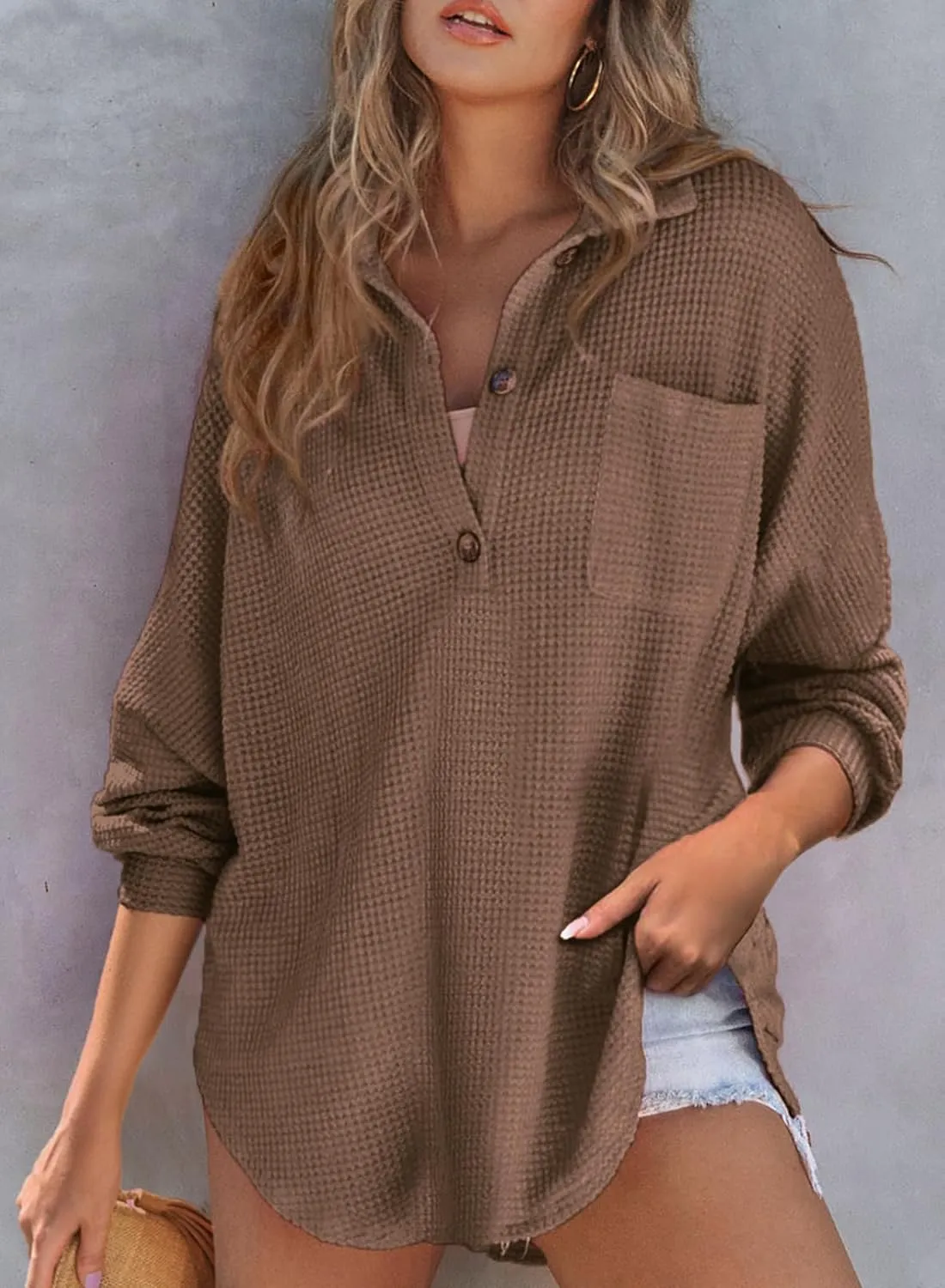 Astylish Women Waffle Knit Tops Henley Shirts Long Sleeve V Neck Solid Color Casual Tunic