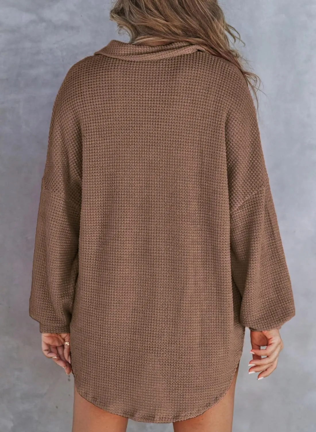 Astylish Women Waffle Knit Tops Henley Shirts Long Sleeve V Neck Solid Color Casual Tunic