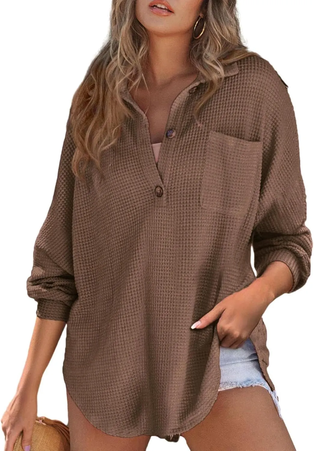 Astylish Women Waffle Knit Tops Henley Shirts Long Sleeve V Neck Solid Color Casual Tunic