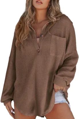 Astylish Women Waffle Knit Tops Henley Shirts Long Sleeve V Neck Solid Color Casual Tunic