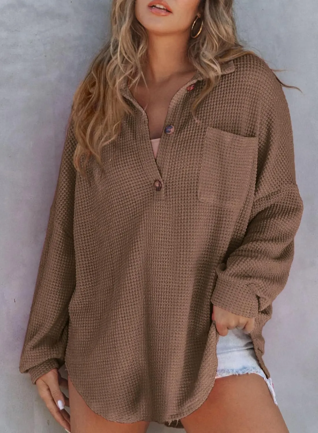 Astylish Women Waffle Knit Tops Henley Shirts Long Sleeve V Neck Solid Color Casual Tunic