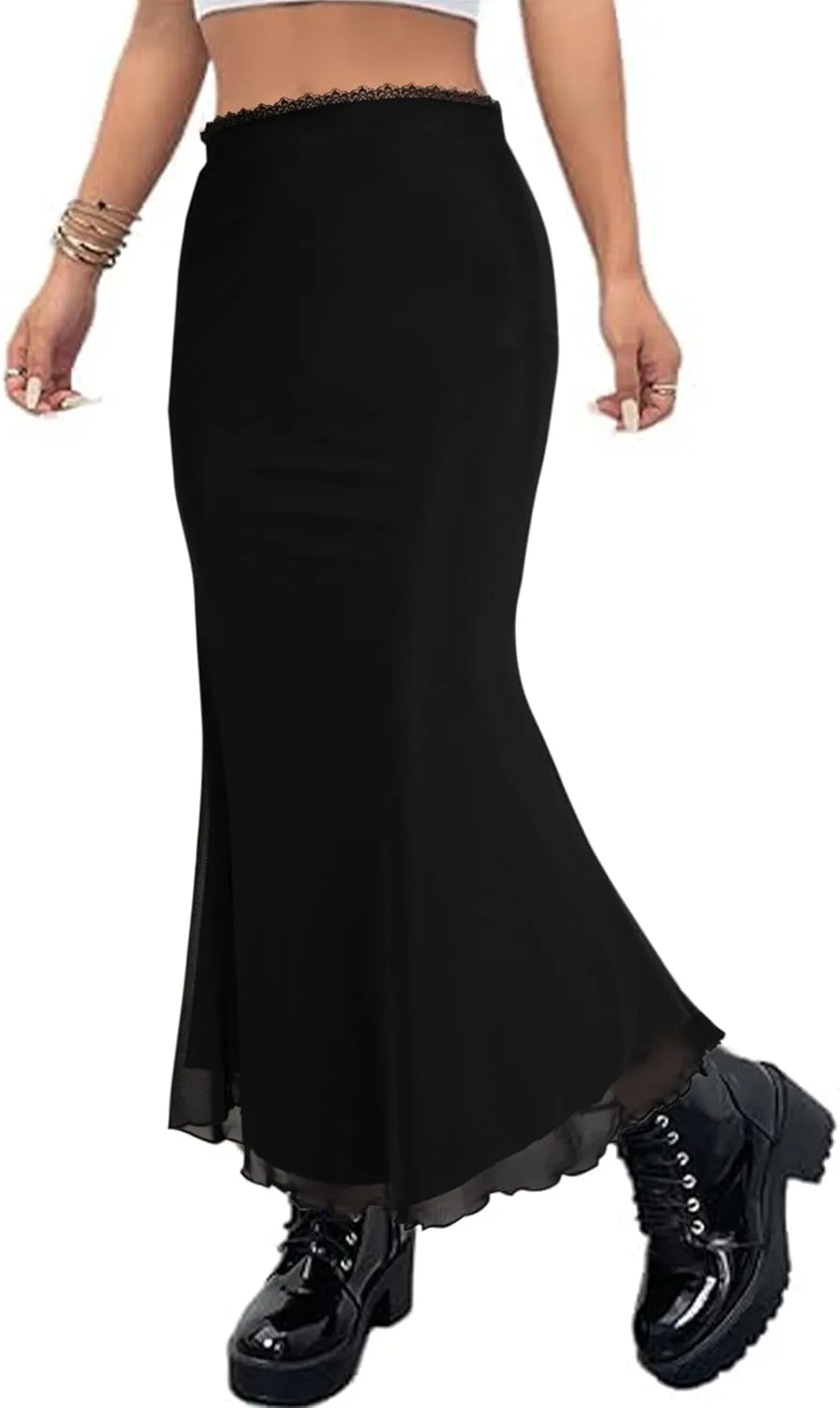 Avanova Women Ditsy Floral Bohemia Mesh Mermaid Skirt High Waist Summer Midi Skirts