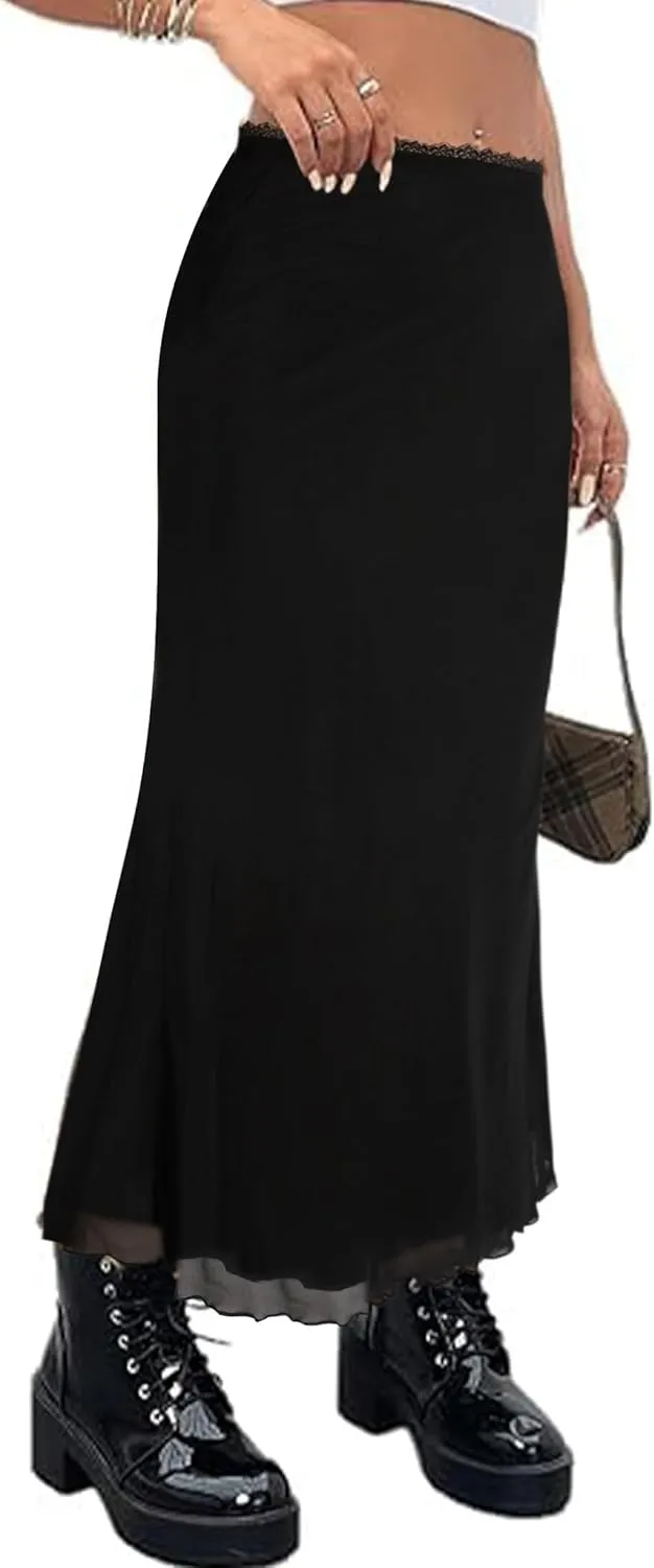 Avanova Women Ditsy Floral Bohemia Mesh Mermaid Skirt High Waist Summer Midi Skirts