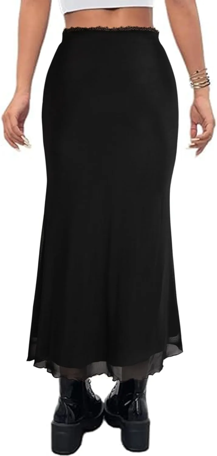 Avanova Women Ditsy Floral Bohemia Mesh Mermaid Skirt High Waist Summer Midi Skirts