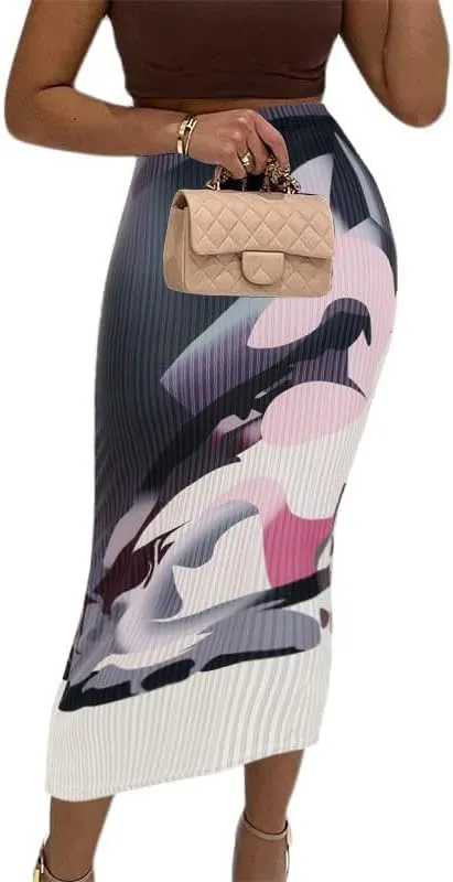Avanova Women Floral Print Pencil Midi Skirt High Waisted Tight Bodycon Skirts
