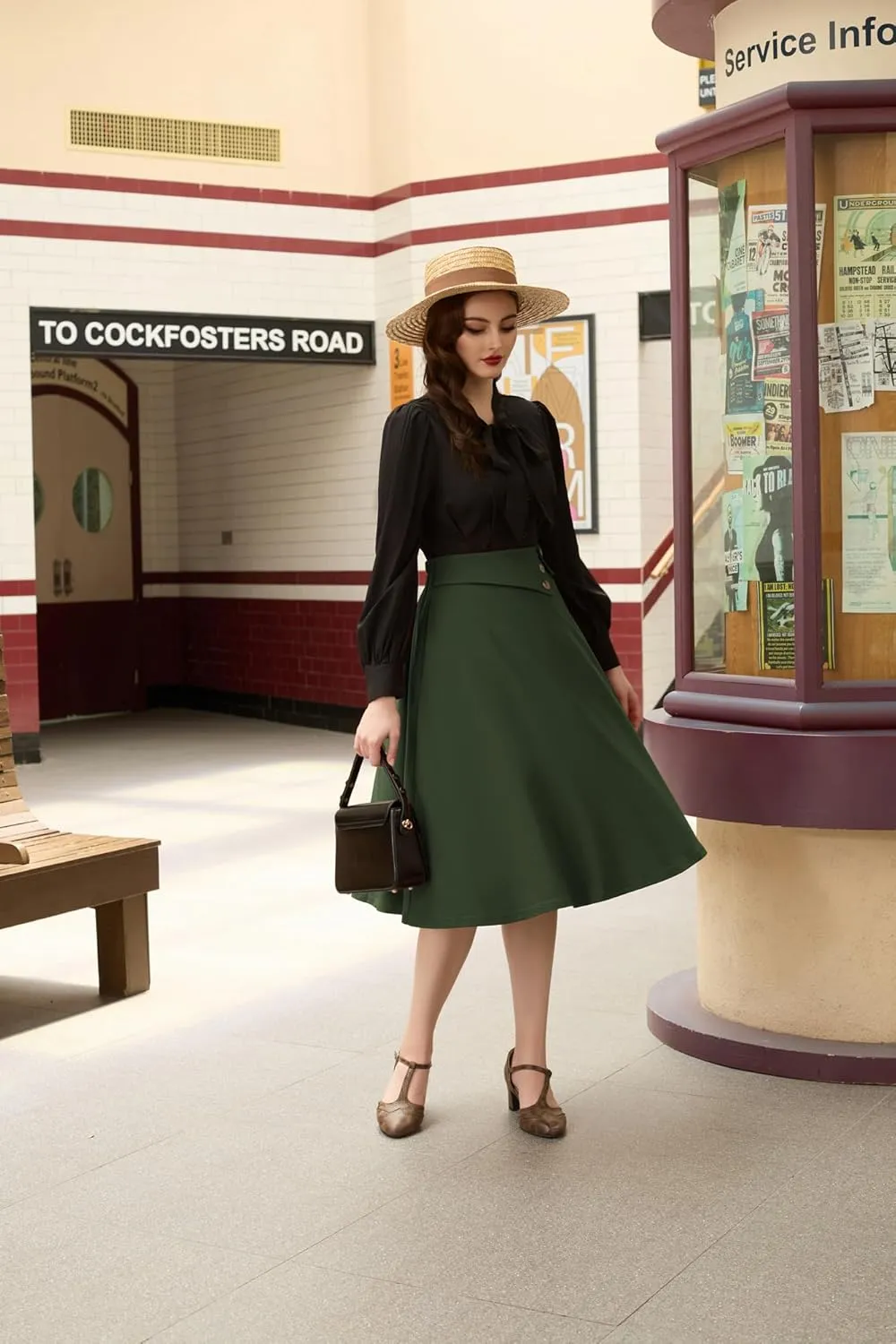Belle Poque Womens High Waisted Skirts with Pockets Swing A Line Vintage Midi Skirt