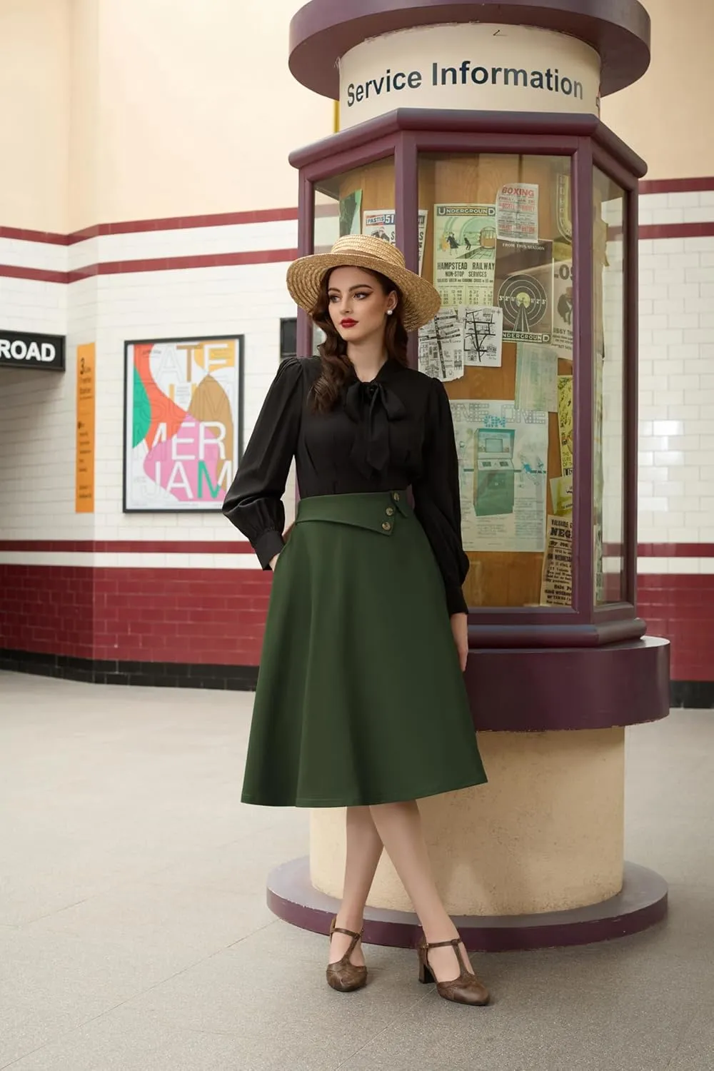 Belle Poque Womens High Waisted Skirts with Pockets Swing A Line Vintage Midi Skirt