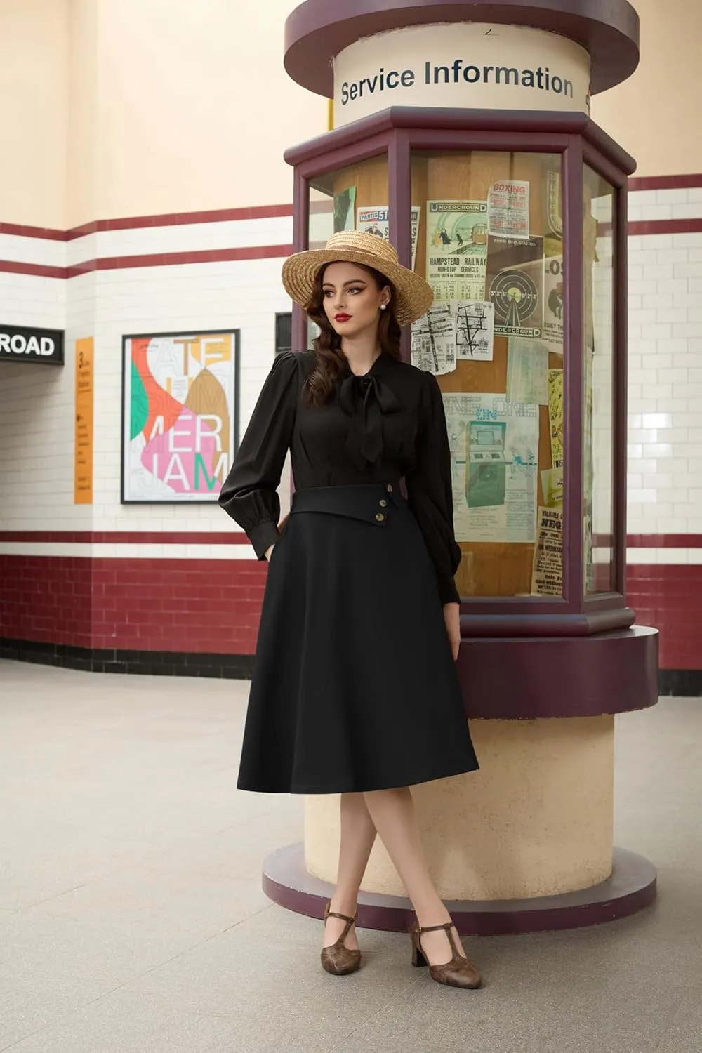 Belle Poque Womens High Waisted Skirts with Pockets Swing A Line Vintage Midi Skirt