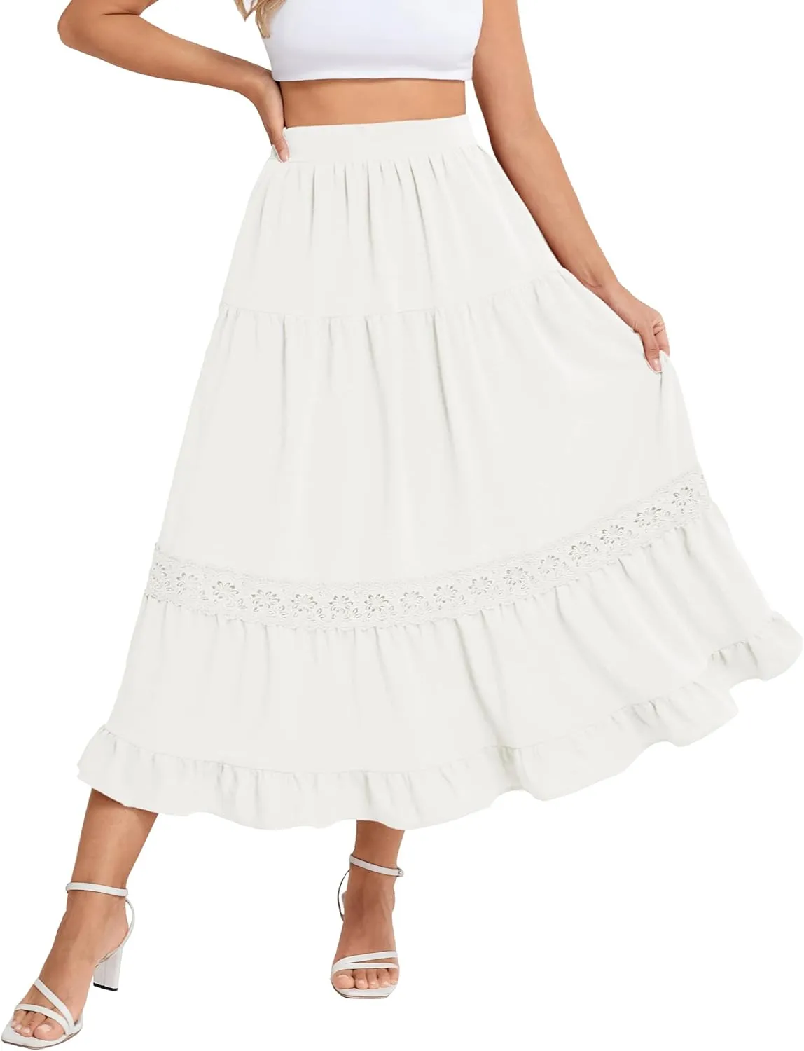 Belle Poque Women's Midi Skirt Boho Flowy Spring Summer Elastic Waist Aline Ruffle Lace Tiered Skirt with Pockets 2025